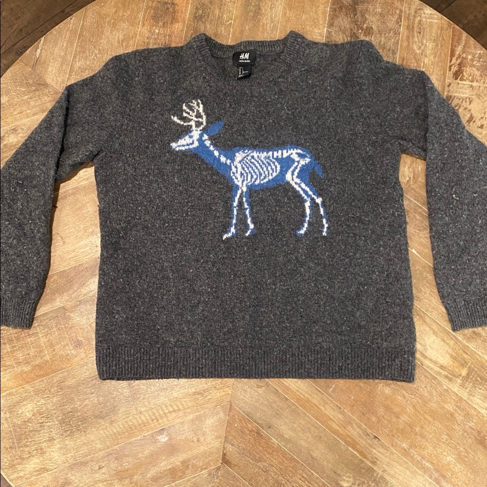 H&M Wool Blend Charcoal Sweater with Electric Blue Deer Skeleton (Size: L)